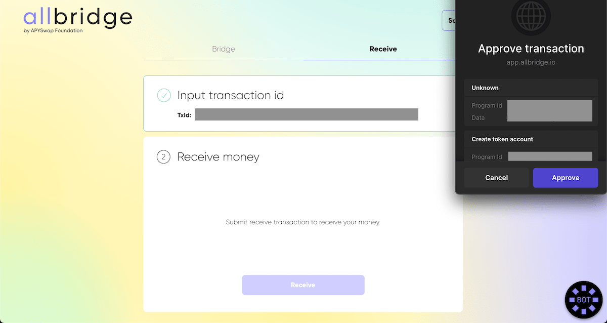 Receive moneyをPhantomで承認